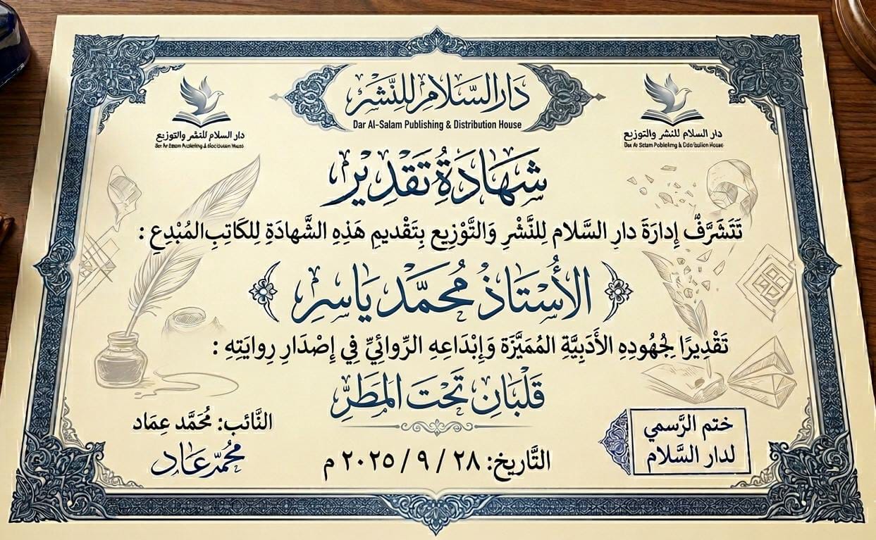 شهادة تقدير من دار السلام للنشر - رواية قلبان تحت المطر - محمد ياسر