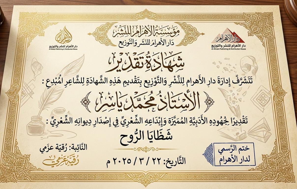 شهادة تقدير من دار الأهرام للنشر - ديوان شظايا الروح - محمد ياسر