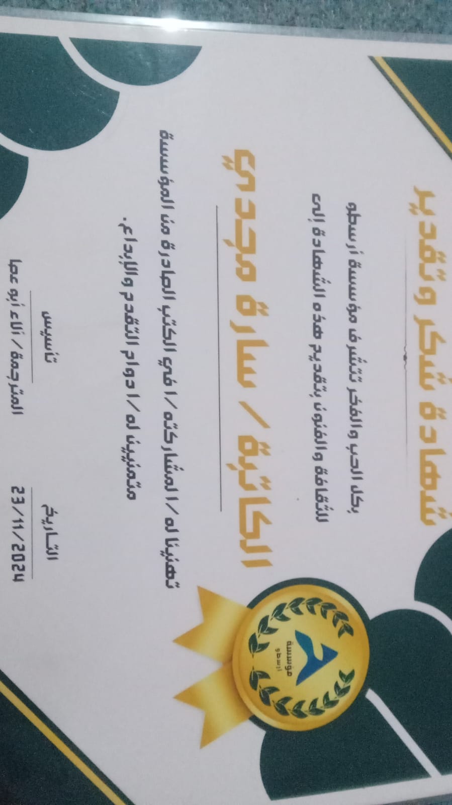 شهادة شكر وتقدير من مؤسسة أرسطو للثقافة والفنون - ساره مجدي